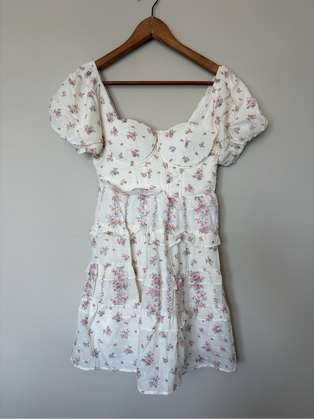 Altar'd State White Floral Puff-Sleeve Mini Dress XS
